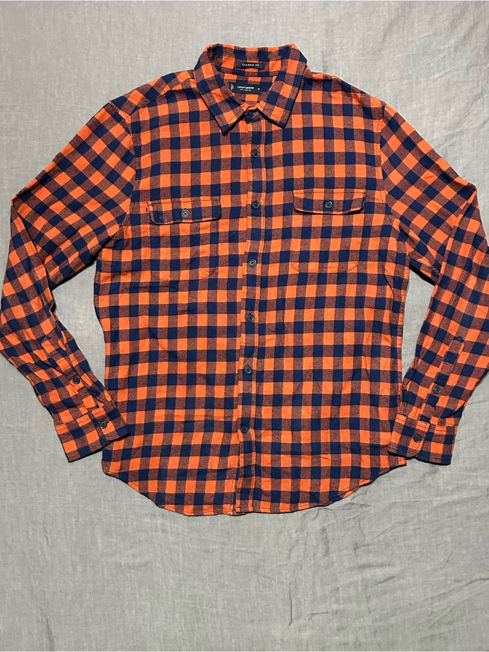 Lucky Brand Orange and Navy Plaid Flannel Button-Down Shirt